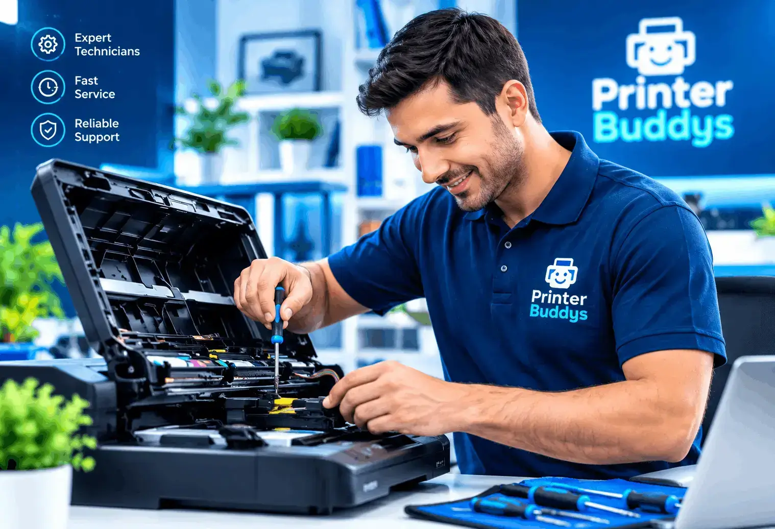 Printer technician repairing a printer